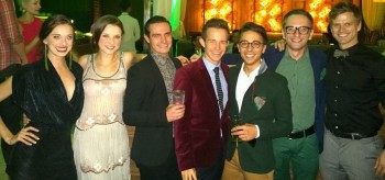 Emily Cascarino (Nessa), Rachel Cole (swing), Joseph O'Sullivan (swing), Ed Grey (Boq), Chris Scalzo (ensemble) and Steve Danielsen (Fiyero with a WICKED fan - Opening Night Party Manila at The Diamond Hotel