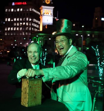 Jay Laga'aia 'greenifying' the entire of Auckland city for WICKED Opening Night. Image by Michael Bradley