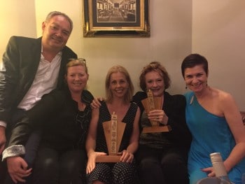 Ruthless producer Alistair Thomson, director Lisa Freshwater, winner Katrina Retallick, winner Geraldine Turner, and nominee Meredith O'Reilly. Image by Merran Doyle.