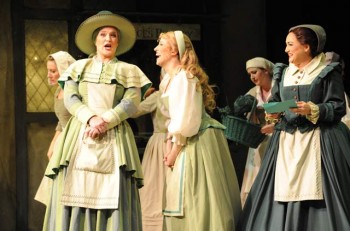 Dominica Matthews as Mistress Quickly, Lorina Gore as Nannetta & Amelia Farrugia as Alice Ford. Image by Branco Gacia
