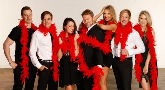 The cast of Rocky Horror - Nicholas Christo, Tim Maddren, Ashlea Pyke, Craig McLachlan, Erika Heynatz, Brendan Irving and Christie Whelan Browne. Image by Jeff Busby