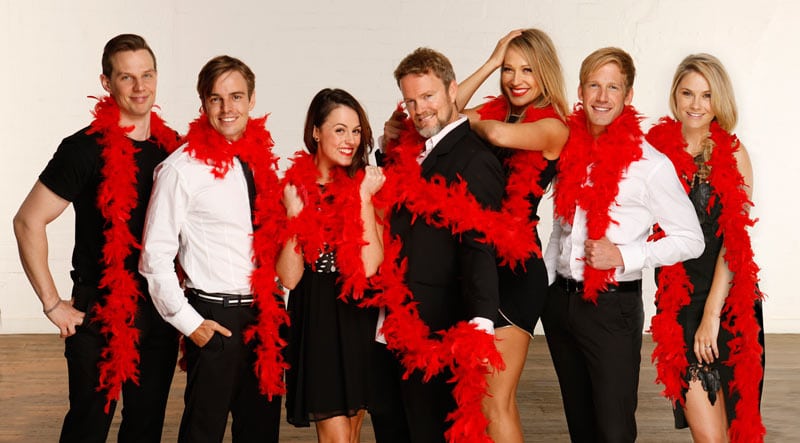 The cast of Rocky Horror - Nicholas Christo, Tim Maddren, Ashlea Pyke, Craig McLachlan, Erika Heynatz, Brendan Irving and Christie Whelan Browne. Image by Jeff Busby