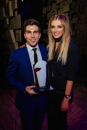 Rob Guest Endowment Recipient Daniel Assetta with Delta Goodrem at the Rob Guest Endowment Gala 2015, taken at the Lyric Theatre in Sydney, on Monday, 9 November 2015.