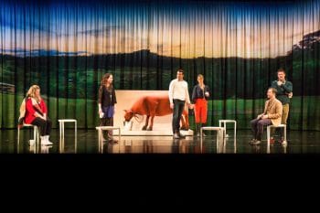 Heidi Arena, Alison Bell, Rohan Nichol, Christie Whelan Browne, Toby Truslove and Eddie Perfect in The Beast. Image by Ken Nakanishi