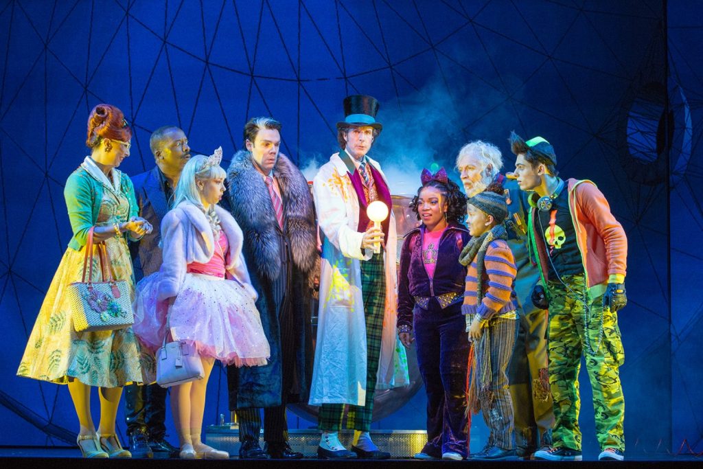 Paul Slade Smith (Willy Wonka), Xion Jarvis (Charlie), Tony Sheldon (Grandpa Joe) and cast | Photo by Jeff Busby