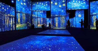 A dark room with multiple projections of Starry Nights by Vincent Van Gogh on the walls and floor. There are blue night skies with swirly stars