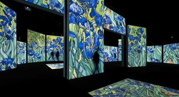 A dark room with multiple screens showing projections of Vincent Van Gogh's Irises painting
